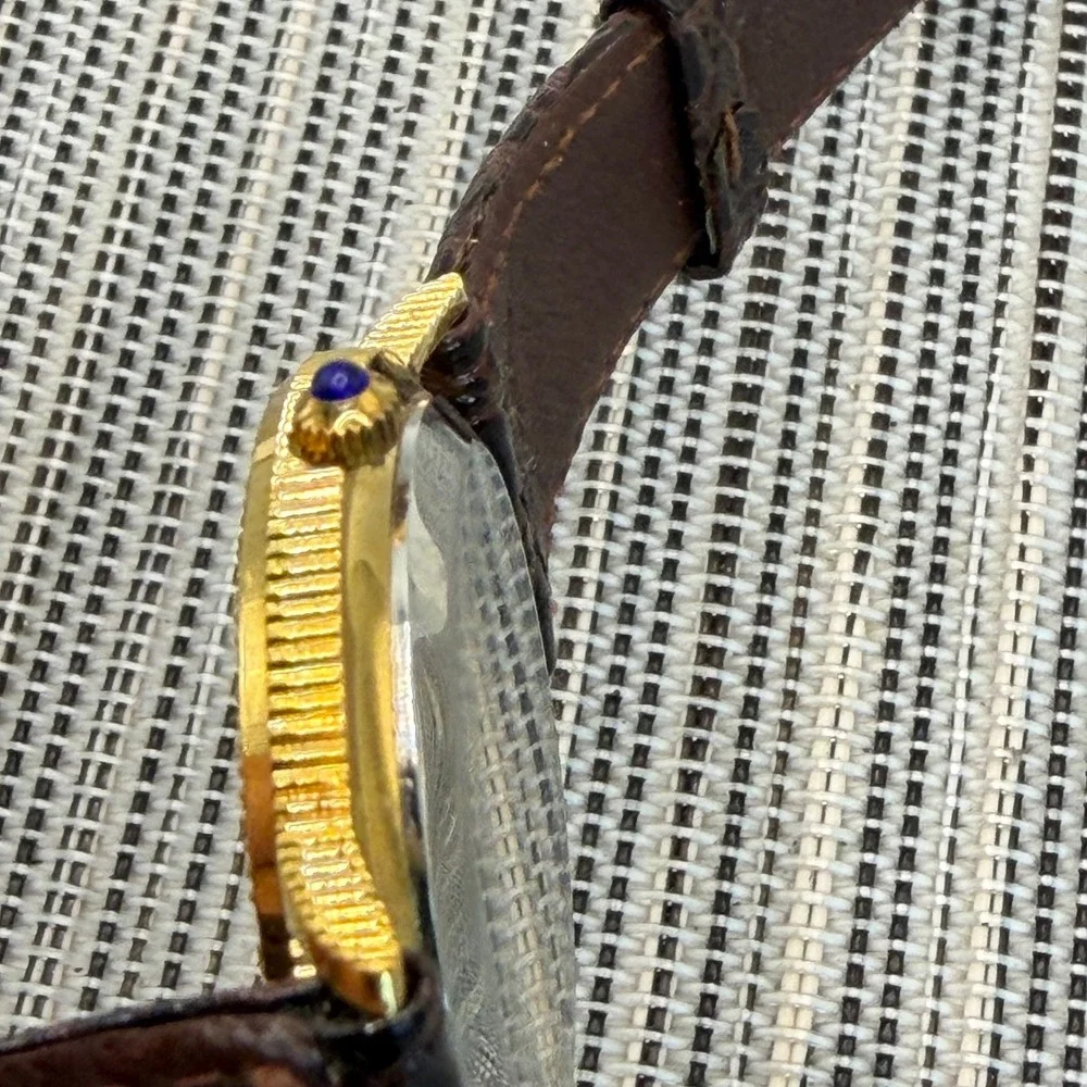 Dufonte Lucien Piccard Gold Tone Liberty Coin Dial Watch Brown Leather Strap